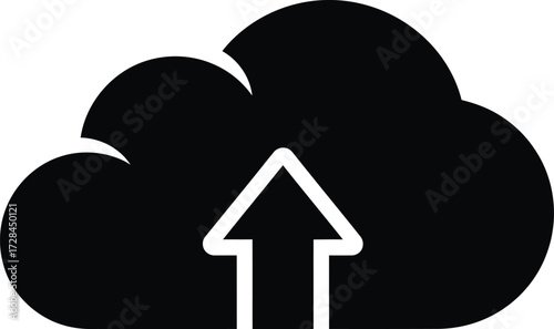 Illustration of a black cloud with an arrow pointing upwards, isolated on white background