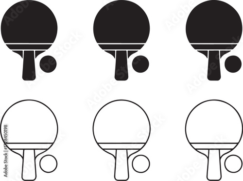 Table tennis paddle and ball icon set – solid and outline style sports symbols for web, app, print, and graphic design.