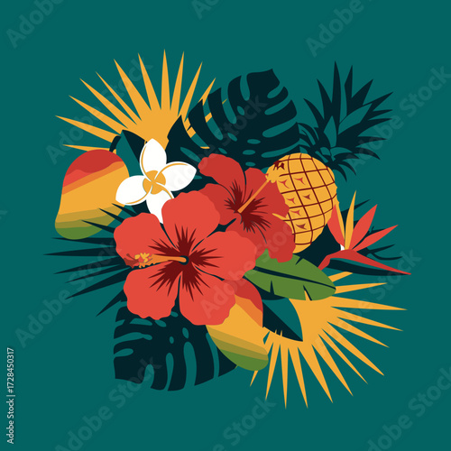 Tropical floral arrangement with vibrant colors in a decorative design. Colorful flowers and fruits with lush leaves arranged for a tropical theme in a digital graphic art.