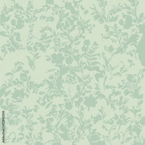 Light sage green floral design with delicate details and a textured pattern. Intricate floral pattern with muted, light green color palette, ideal for fabric or wallpaper design.