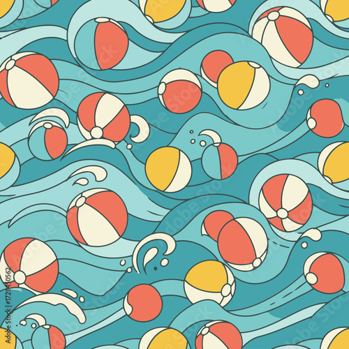 Beach ball pattern on wavy water background. Colorful beach balls are scattered on a pattern of textured waves.
