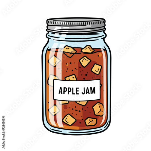 A clear glass mason jar filled with chunky, homemade apple jam, sealed with a silver lid.