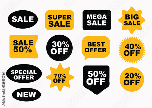 Collection of colorful sale and discount tags for retail promotions