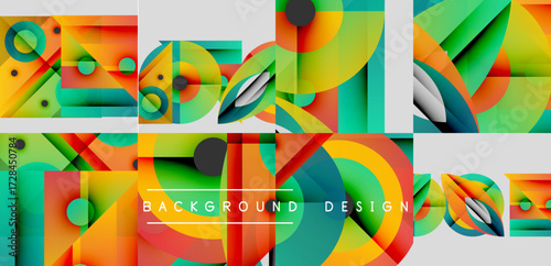 Abstract geometric patterns, vibrant colors, modern design elements. Overlapping shapes create dynamic visual texture.