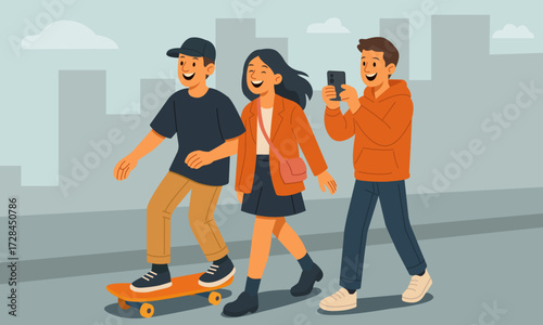 Vector illustration of three friends spending time outdoors in the city. One is riding a skateboard, another is taking photos, and all are enjoying their walk together in an urban setting.