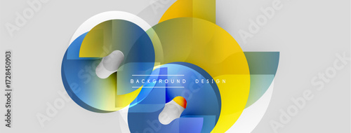 Abstract design features overlapping circles, squares, vibrant colors. Modern composition suits backgrounds, presentations, graphics.