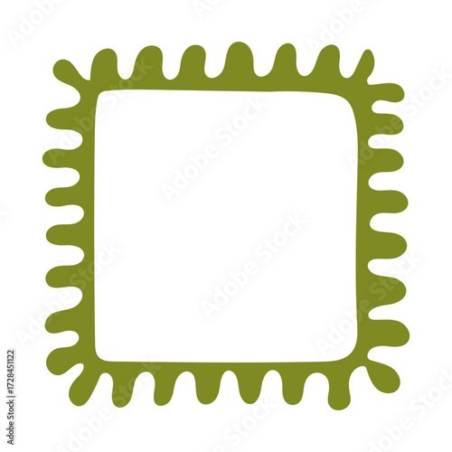 A single hand-drawn square frame with rounded wavy edges. Bold olive green decorative border in minimalist doodle style. Great for scrapbooking, invitations, cards, posters, photo albums, and crafts.