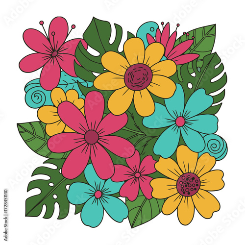 Colorful floral bouquet with vibrant flowers and tropical leaves. A decorative design with a variety of shapes and bright colors.