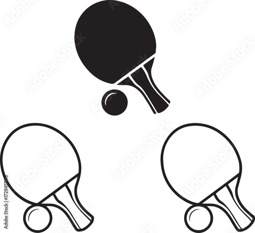 Table tennis paddle and ball icon set – solid and outline style sports symbols for web, app, print, and graphic design.