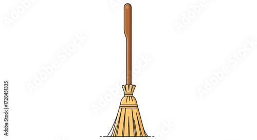 A simple illustration of a traditional broom with a wooden handle and straw bristles, standing upright on a white background.