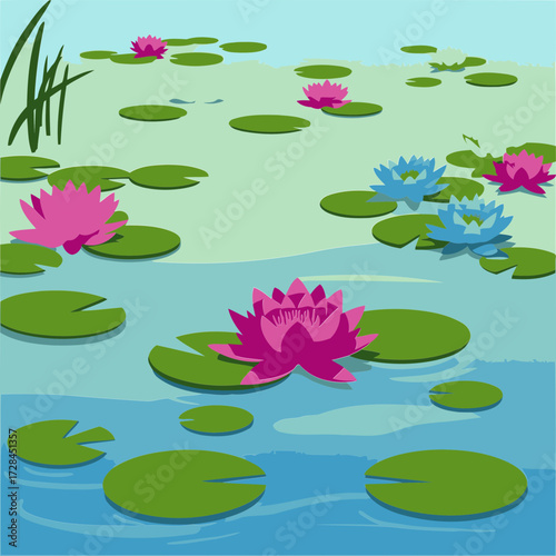 Colorful lotus flowers in a tranquil pond setting. Vibrant blossoms with various colors rest on lily pads, creating a serene and peaceful scene.