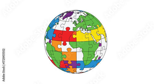 A colorful globe made of puzzle pieces representing continents and oceans, symbolizing global connection and unity.