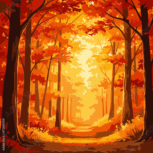 Autumn forest path with vibrant fall foliage. Sunlit path through a dense autumnal forest, showcasing a picturesque fall scene.