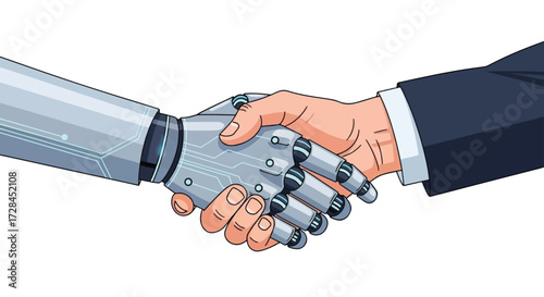 A human hand in a suit shakes hands with a robotic mechanical hand, symbolizing partnership and collaboration between humans and artificial intelligence.