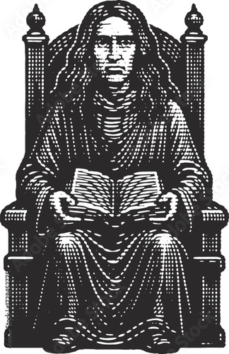 Antique engraving of a medieval monk or scholar reading a book on an ornate throne. Classic black and white vector art for historical or fantasy design projects.