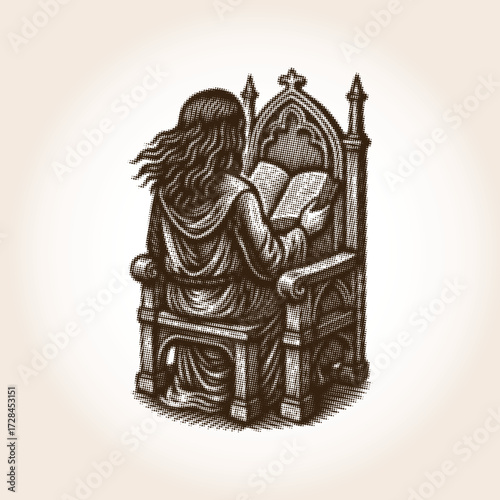 Vintage halftone illustration of a scholar with long hair reading a book on a gothic throne. Retro medieval art for themes of knowledge, history, and quiet contemplation.