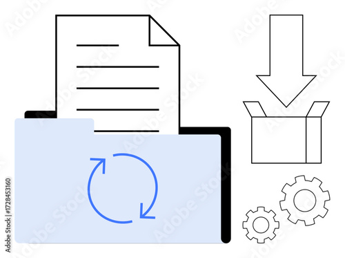 File folder with document and synchronization arrows, download box, and gears for settings. Ideal for data organization, cloud storage, digital workflow, backup systems, software updates, team