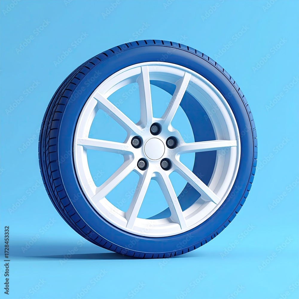 Fototapeta premium A digitally rendered, single, white and blue alloy wheel with a dark blue tire, set against a light blue background, angled slightly