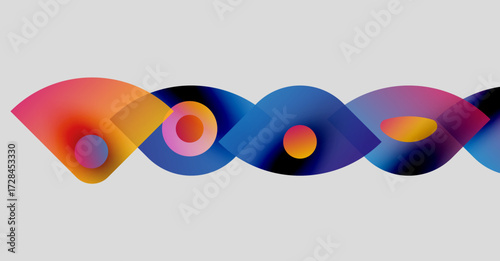 Abstract colorful shapes overlap, creating wave pattern. Gradient hues blend smoothly, forming dynamic composition. Modern design element.