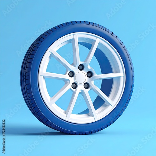A digitally rendered, single, white and blue alloy wheel with a dark blue tire, set against a light blue background, angled slightly