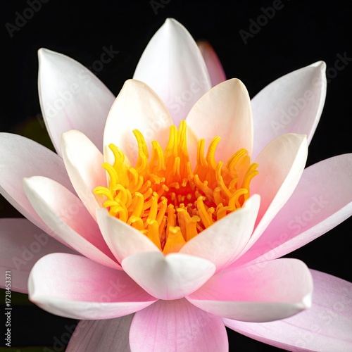 Delicate pale pink water lily blossom with vibrant yellow center, sharply detailed against a black background