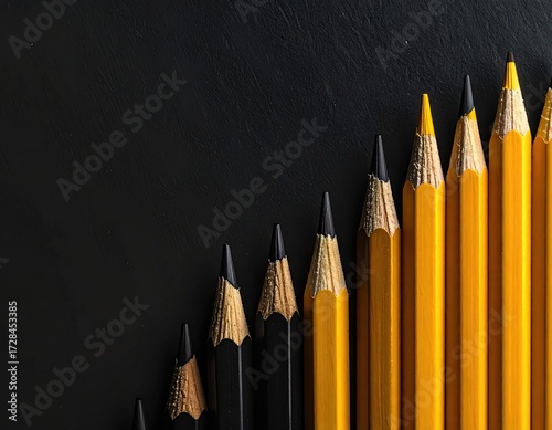 A gradient of sharpened pencils transitions from black to yellow against a dark background