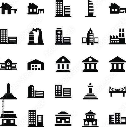 Collection of diverse building icons representing various structures