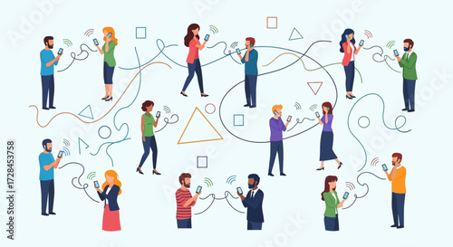 Vector Illustration of People Using Smartphones with Communication Waves and Geometric Shapes Modern Style Design