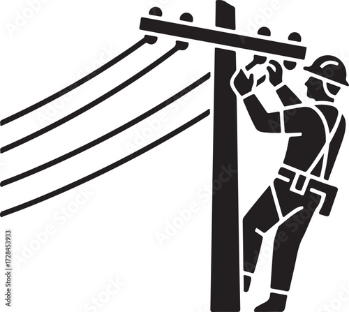 Electrician Lineman on Utility Pole Silhouette Vector  Power Worker Graphic