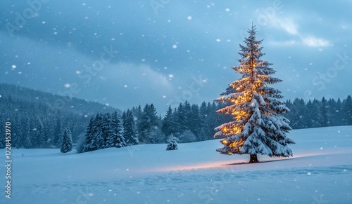 This photograph captures a serene winter landscape at dusk. A large, snow-covered evergreen tree stands prominently in the foreground, illuminated by warm yellow lights, casting a gentle glow. The sky