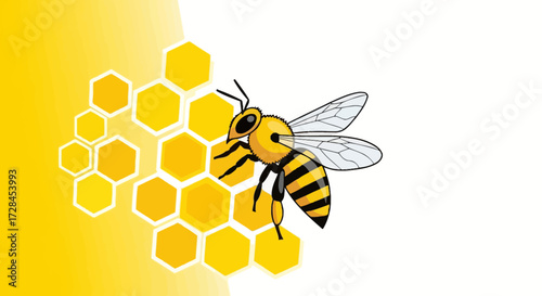 Illustration Art Vector of a Bee and Honeycomb Pattern with a Yellow Background Creative Design