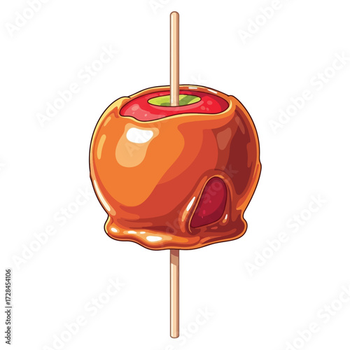 Caramel apple on a stick, a sweet treat with a shiny coating.