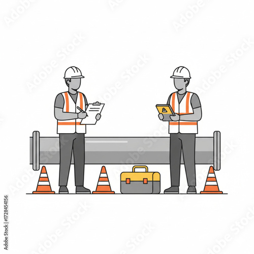 Workers inspecting large pipeline in flat line style