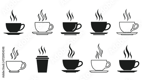 Collection of ten different coffee cups, each with steam rising, in various designs and colors.