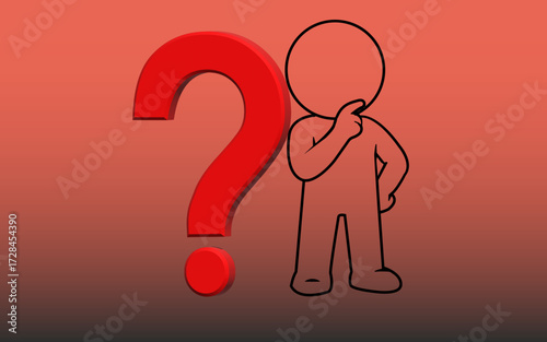 This vector illustration features a stylized, faceless figure in a thoughtful pose beside a large red question mark, set against a striking red-to-black gradient background.