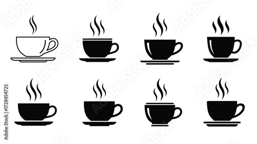 Wallpaper Mural A collection of eight steaming coffee cups and saucers, presented in a two-row grid layout. Torontodigital.ca