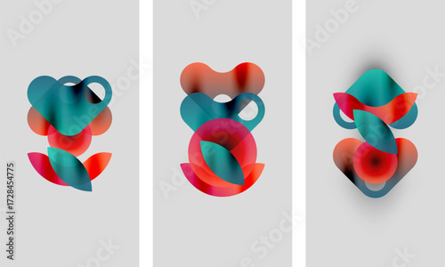 Abstract shapes overlap, creating vibrant color blends. Three panels display similar compositions, differing slightly in form. Minimalist design, soft gradients.