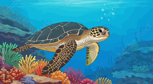 Sea Turtle Vector Illustration with Coral Reef Scene in Aquatic Underwater Environment
