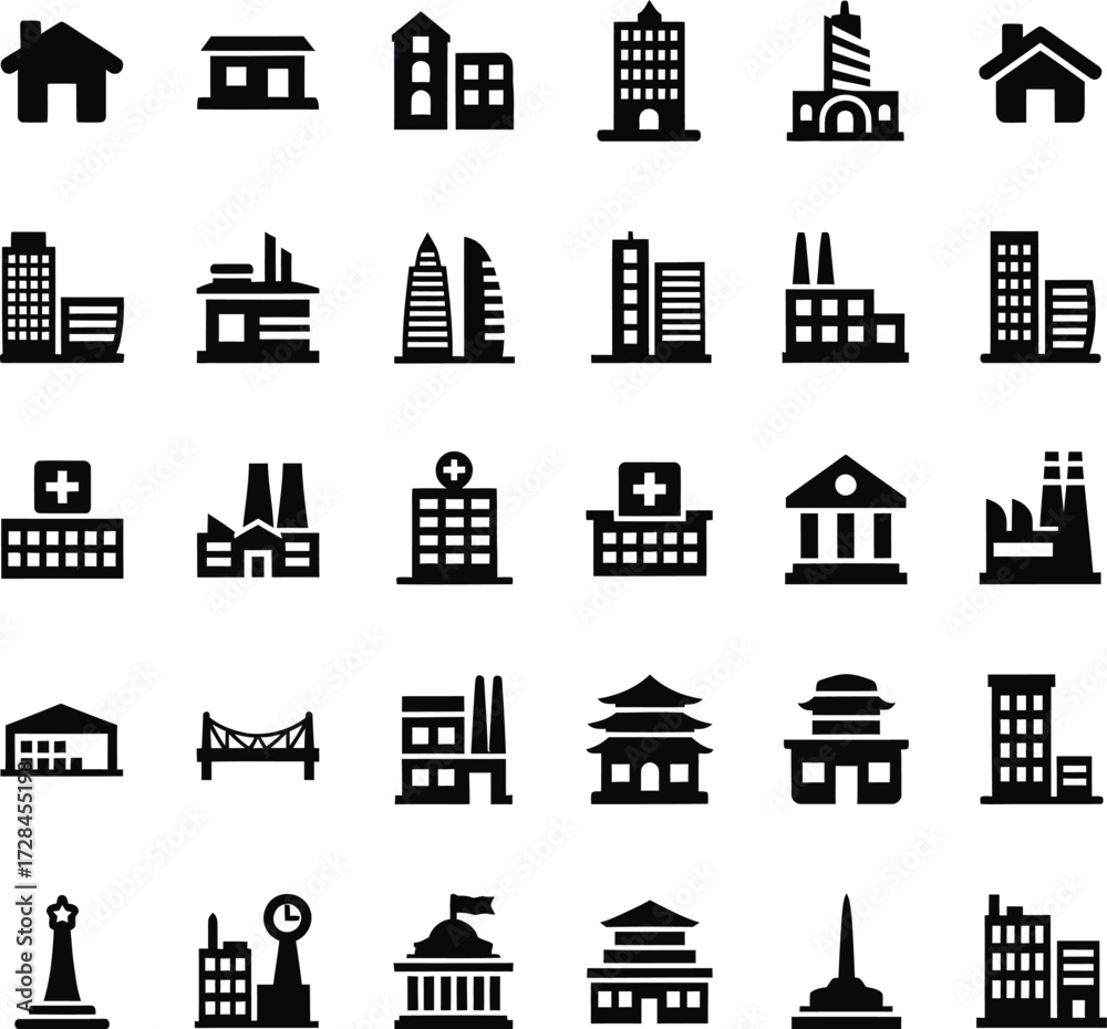 Obraz premium Collection of diverse building icons representing various structures