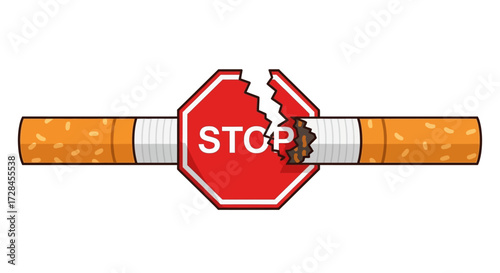 Vector Illustration with Broken Cigarette and Stop Sign for No Smoking Campaign