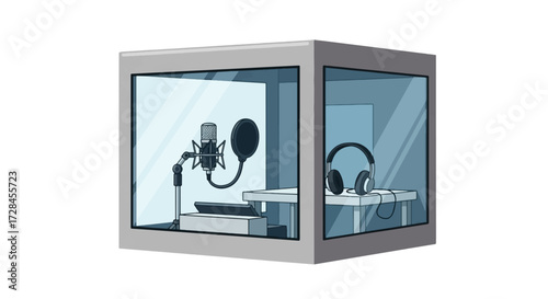 Illustration of a soundproof recording booth with microphone and headphones.