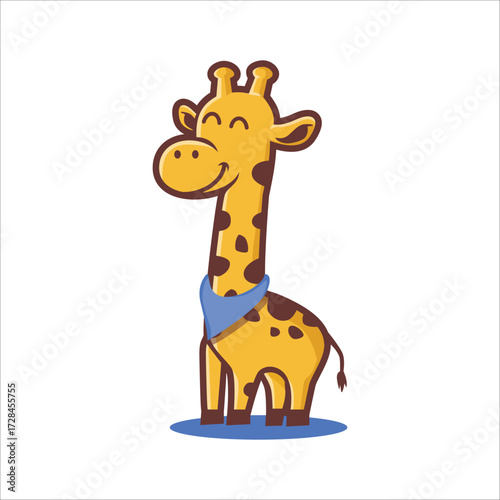 Smiling giraffe with a blue scarf with transparent background