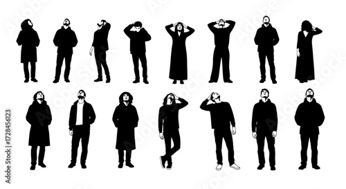 A collection of black and white silhouette figures of people looking upwards, some with hands on their heads.