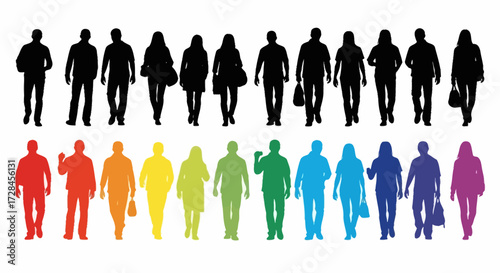 Silhouettes of diverse people walking in two rows, one black and one rainbow-colored, representing individuality and community.