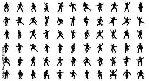 A large collection of black human figure silhouettes in various dynamic action and movement poses on a white background.