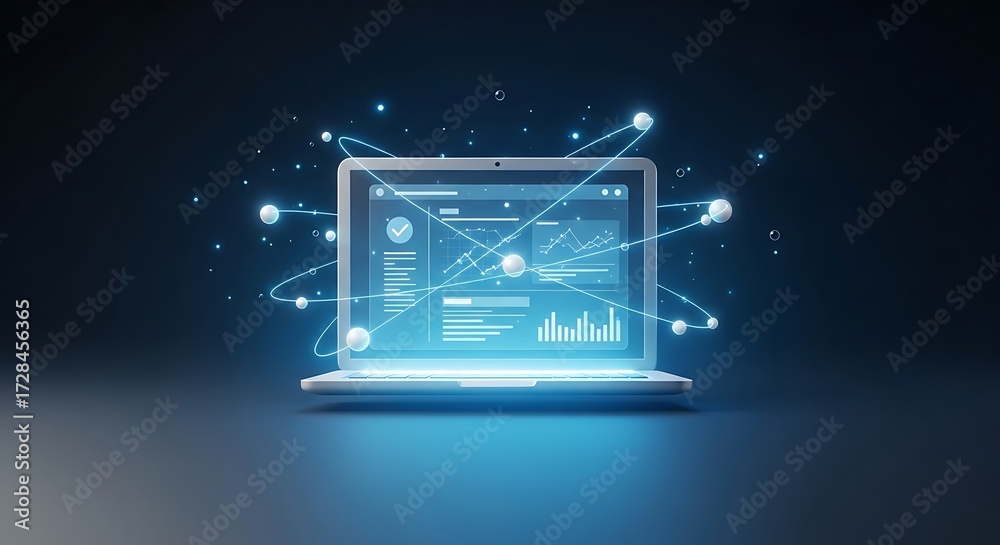 Fototapeta premium Laptop with glowing data connections and interface elements, symbolizing network or technology.