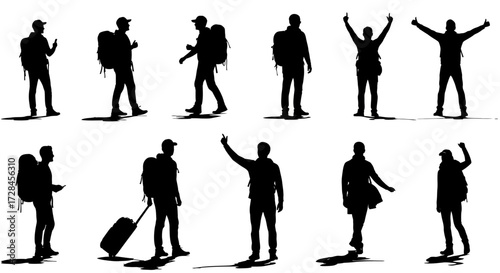 Diverse group of black silhouettes of people, including travelers, hikers, and tourists, with bags and luggage, against a white background.