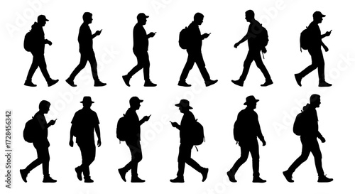 A collection of black silhouettes showing diverse people walking, many carrying backpacks and looking at their smartphones, isolated on a white background.