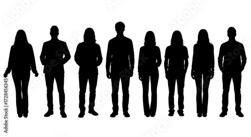 A diverse group of people standing in a line, showcasing various heights and body types in silhouette.