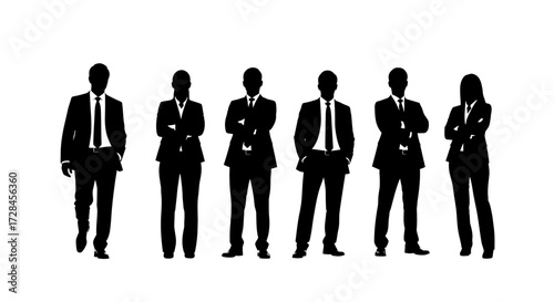 Silhouettes of six business professionals, three men and three women, standing in formal attire against a white background.